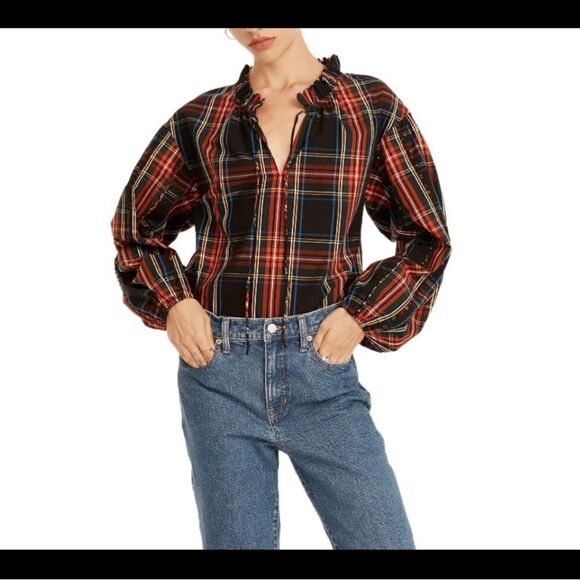 J Crew Stewart Tartan Plaid Tie Neck Scalloped Top NWT - Picture 2 of 14